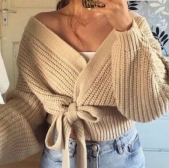 Zara Women Cropped Belted Cardigan Sweater Light Beige - Picture 6 of 14